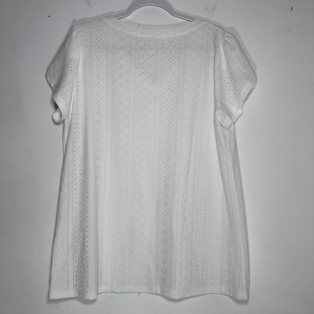 Womens White Eyelet Lace V-Neck Petal Sleeve Blouse Top XL A117 - Picture 6 of 7
